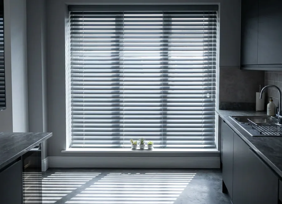 Aluminium venetian blind — a stack of horizontal tilting slats — filling a tall kitchen window and casting striped light across the floor