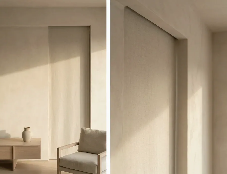 Linen-toned blind dropping from a slim recessed ceiling slot with no visible headrail or brackets