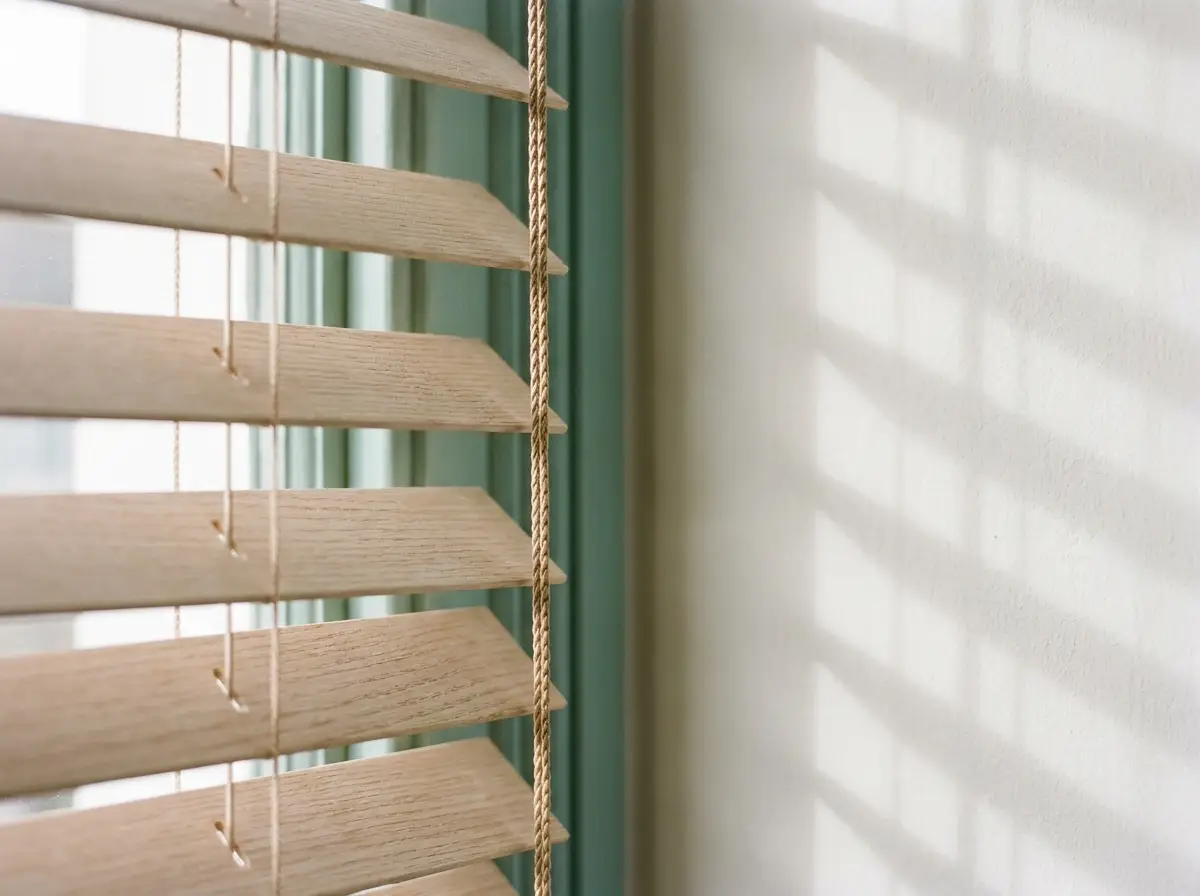 Close-up of pale timber venetian slats and their ladder cords against a sage-painted window reveal, throwing striped light onto the wall