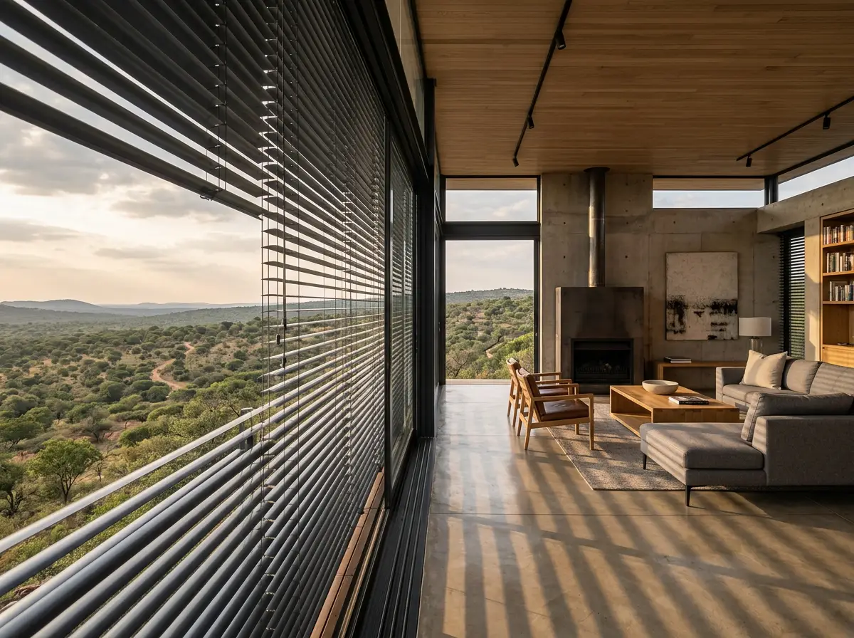 Architect-designed living room on Waterkloof Ridge with floor-to-ceiling glass and wide aluminium external venetian blinds mounted outside, bushveld ridge view beyond