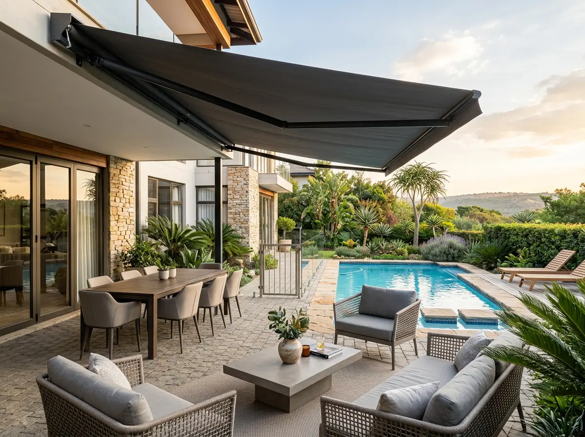 Poolside patio in a Groenkloof home shaded by a fully extended fold-arm awning over an outdoor dining table, garden foliage beyond