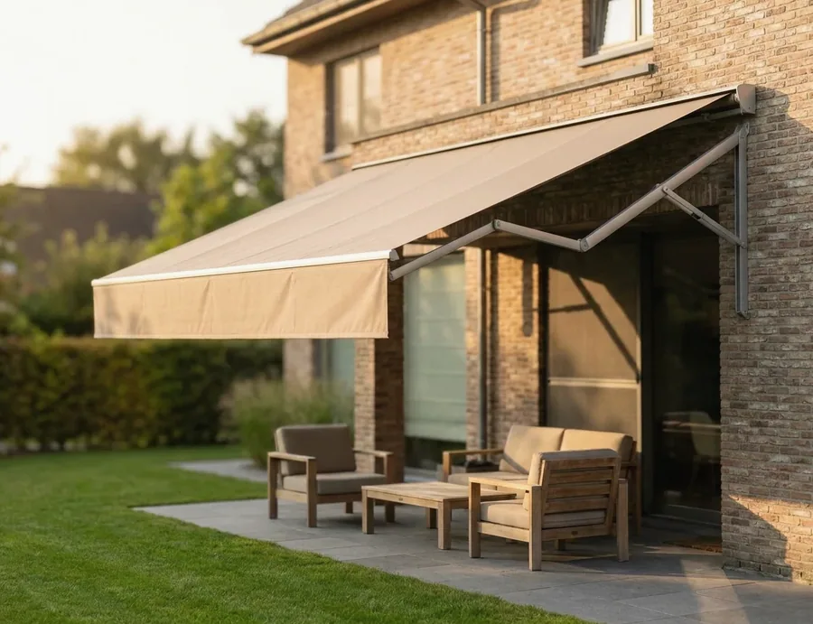 Sand-coloured fold-arm awning extended on folding aluminium arms over a paved patio and garden seating