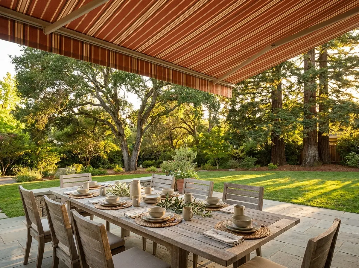Family patio in a Menlo Park garden shaded by an extended fold-arm awning over a long outdoor dining table, lawn and mature trees beyond