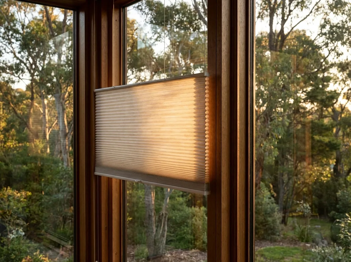A cellular honeycomb blind partly raised in a tall timber-framed window, its hexagonal air cells clearly visible in cross-section, a wooded reserve-edge garden and dense tree canopy beyond the glass in warm light