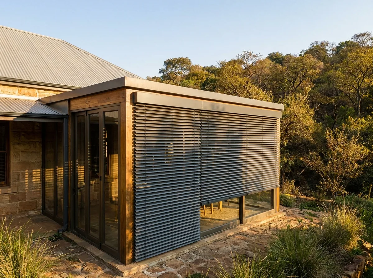 Exterior of a contemporary Groenkloof addition, wide aluminium external venetian slats mounted outside a large west-facing glass wall and tilted to intercept low afternoon sun, a wooded kloof slope and bushveld trees beyond