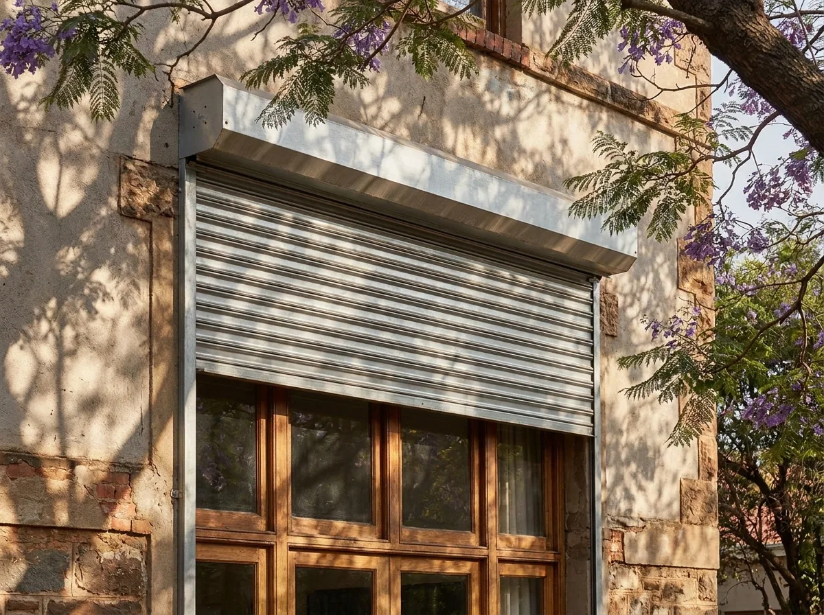 Close exterior detail of an aluminium roller shutter of interlocking rigid horizontal slats rolling down from a headbox on the outside of a ground-floor window on a walled Groenkloof heritage home, dappled jacaranda shade across the facade