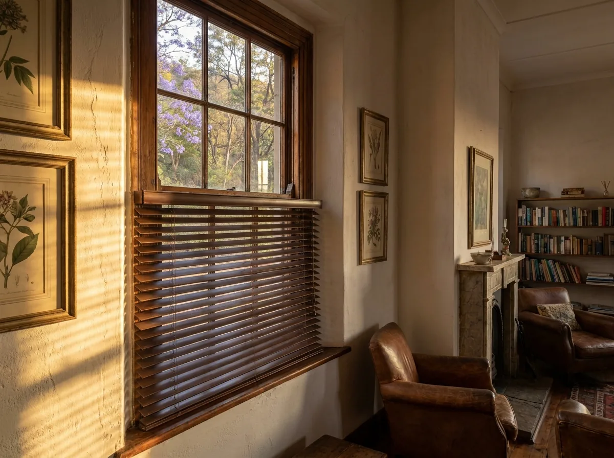 Interior of a Groenkloof heritage study seen through a tall timber sash window, a timber venetian blind of horizontal wooden slats tilted a few degrees to soften strong late-afternoon sun and throw striped light across the wall, jacaranda branches visible outside