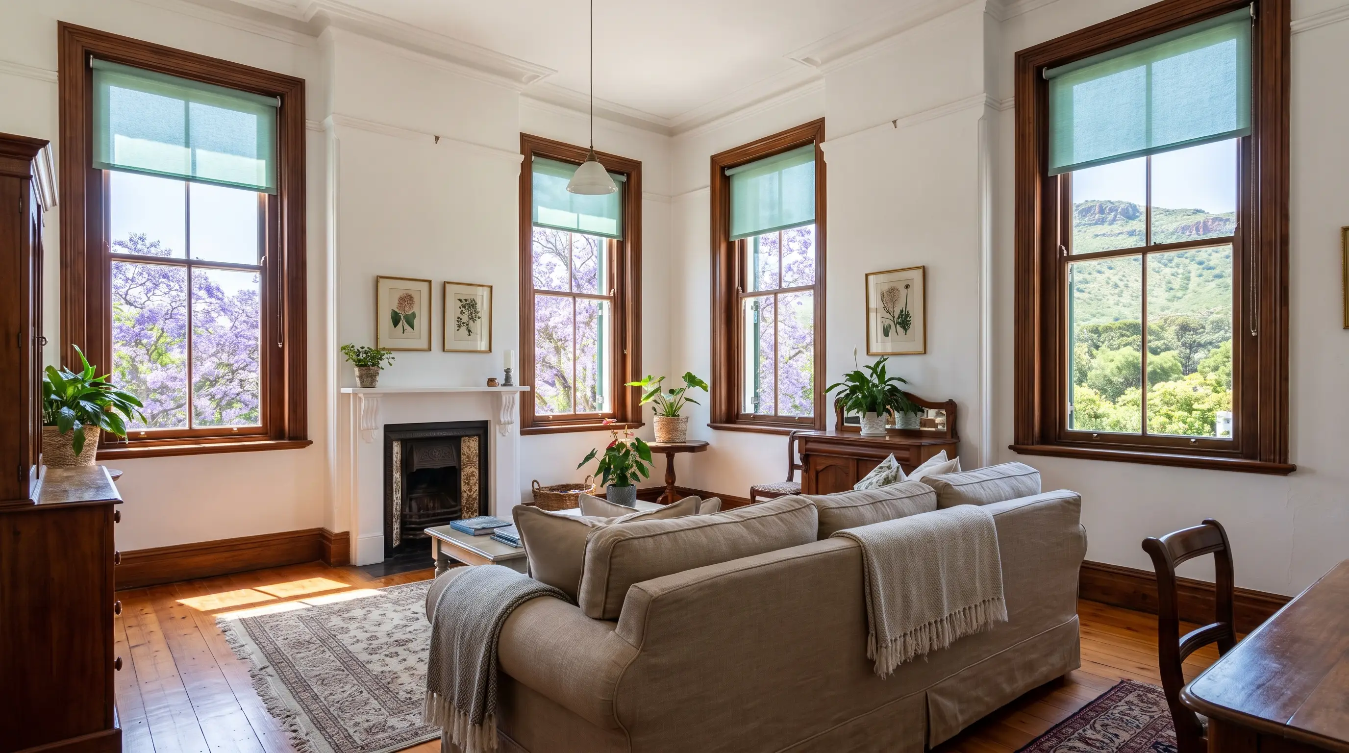 Sitting room in a Groenkloof heritage home: four tall timber sash windows fitted with sage-green roller blinds, half-lowered against jacaranda and ridge-side bushveld outside