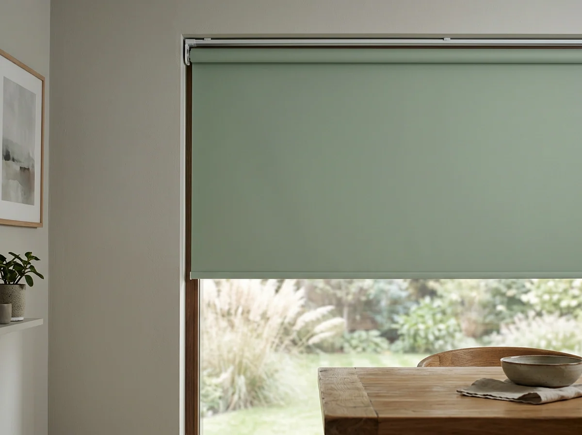 Sage-green blockout roller blind — a single smooth sheet of fabric on a slim tube, no folds — half-lowered over a dining-room window