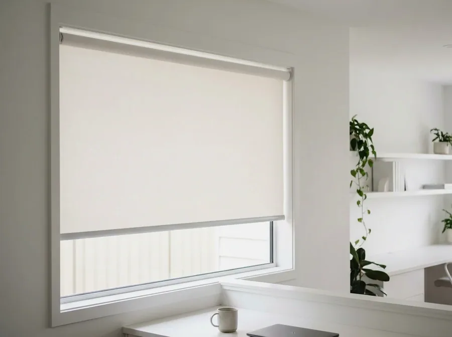 Cream roller blind — one smooth flat sheet of fabric on a slim tube — half-lowered over a wide window in a bright Groenkloof room