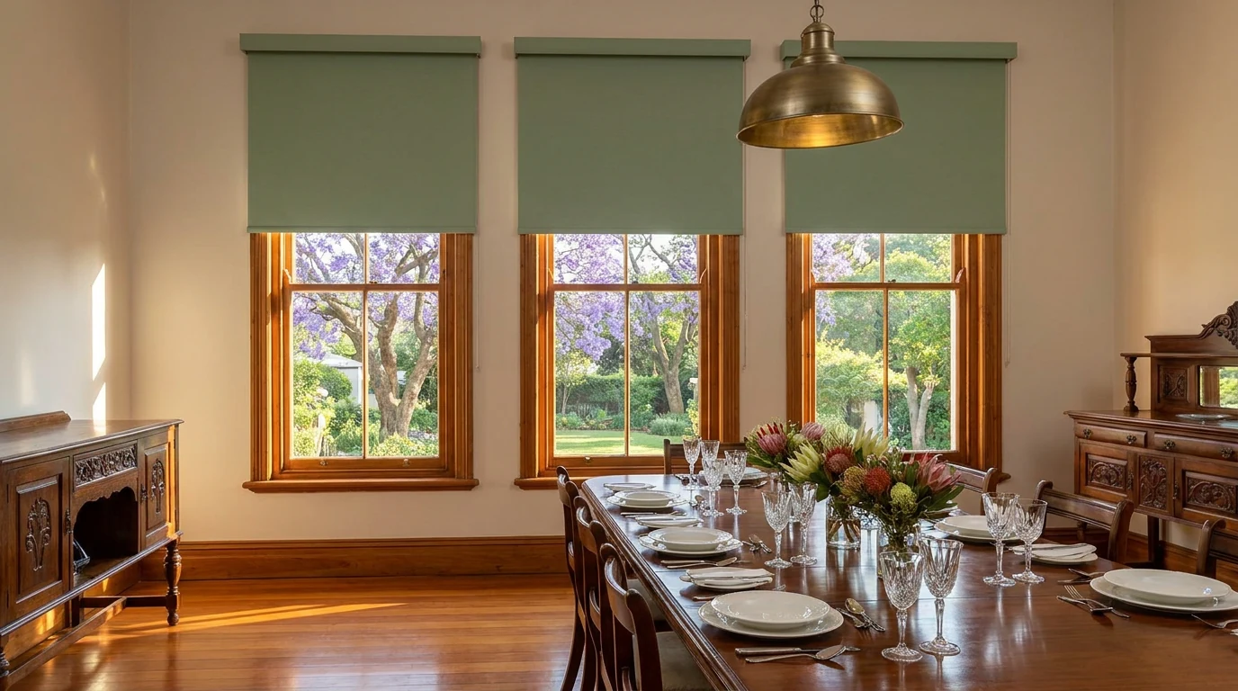 Dining room in a Waterkloof embassy-belt home with tall casement windows fitted with sage-green roller blinds, garden and jacaranda trees outside
