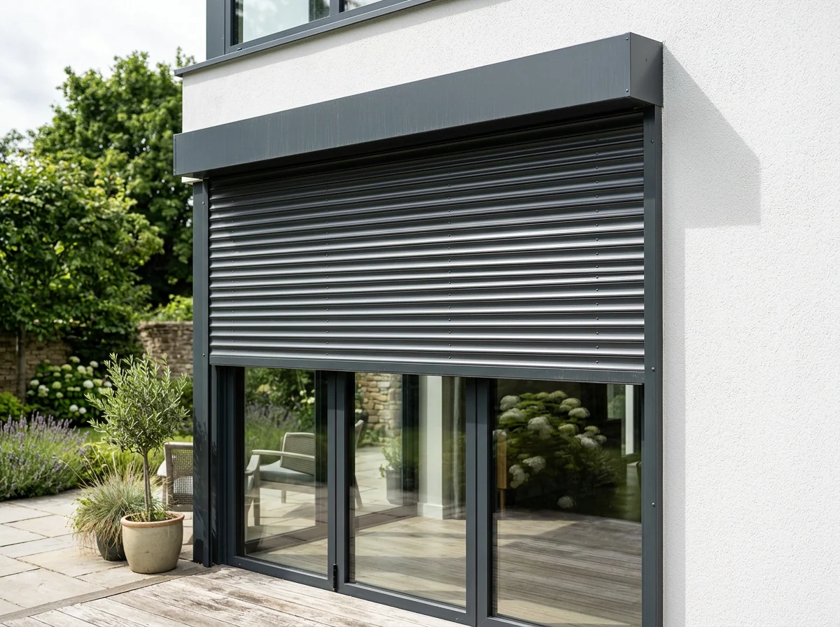 Anthracite roller shutter of rigid aluminium slats rolled down from its headbox on the outside of a sliding patio door