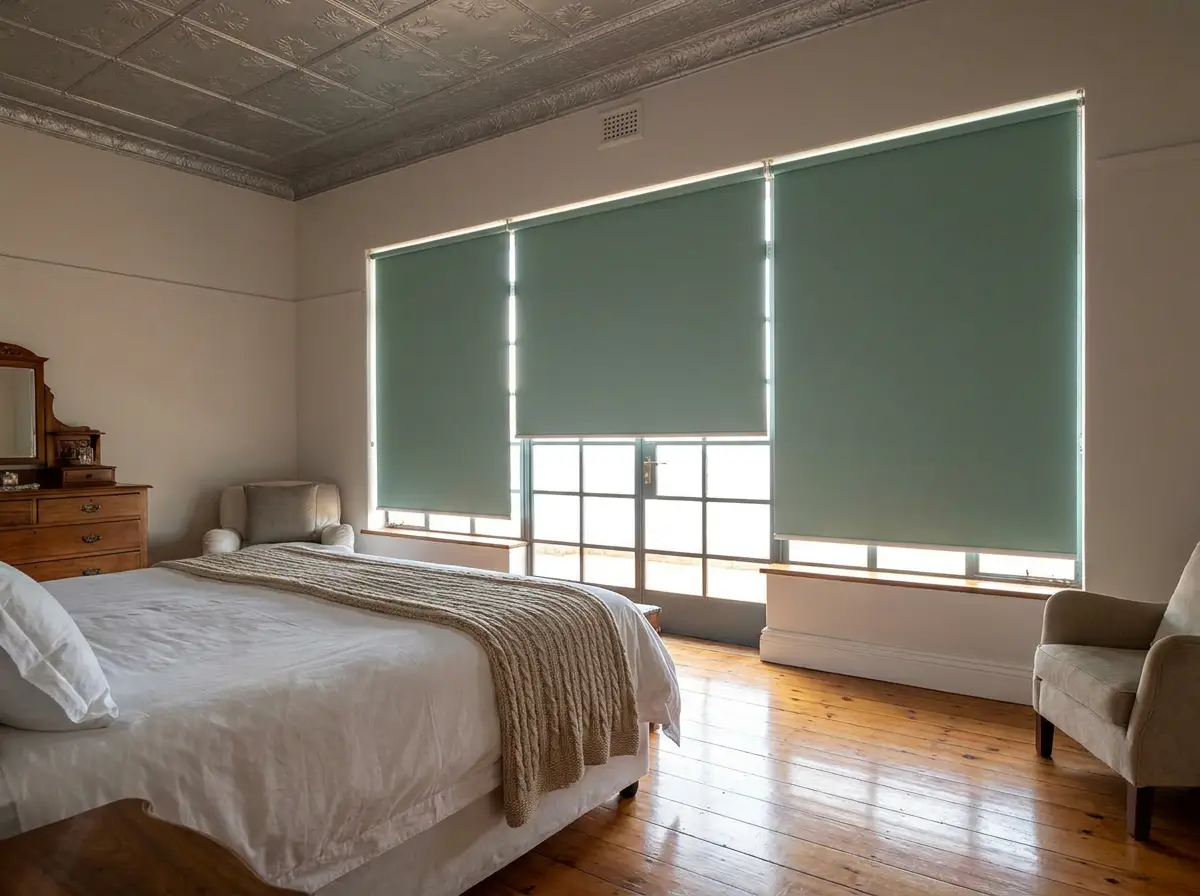 Bedroom in a Groenkloof heritage home with a pressed-metal ceiling and three sage-green blockout roller blinds lowered across tall windows