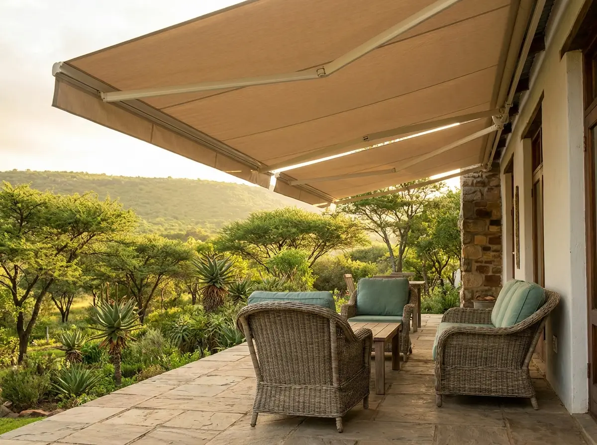 Fold-arm awning run out on its folding aluminium arms over the stone veranda of a Groenkloof home, shading wicker chairs above a wooded reserve slope at sunset