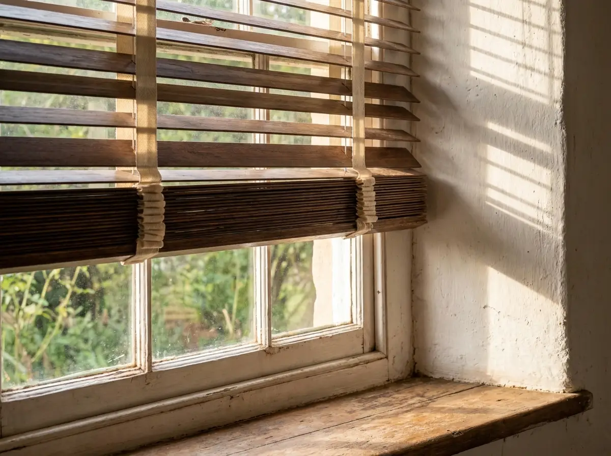 Close-up of a timber venetian blind fitted to a small sash window in a Brooklyn heritage cottage, natural wood slats casting soft morning shadows on a whitewashed wall