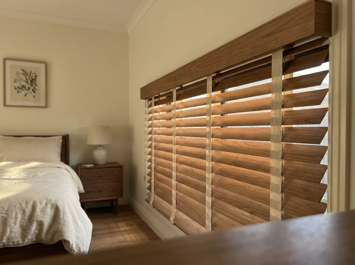 Timber venetian blind with wide basswood slats and cloth ladder tapes, tilted open across a bedroom window in a Groenkloof home